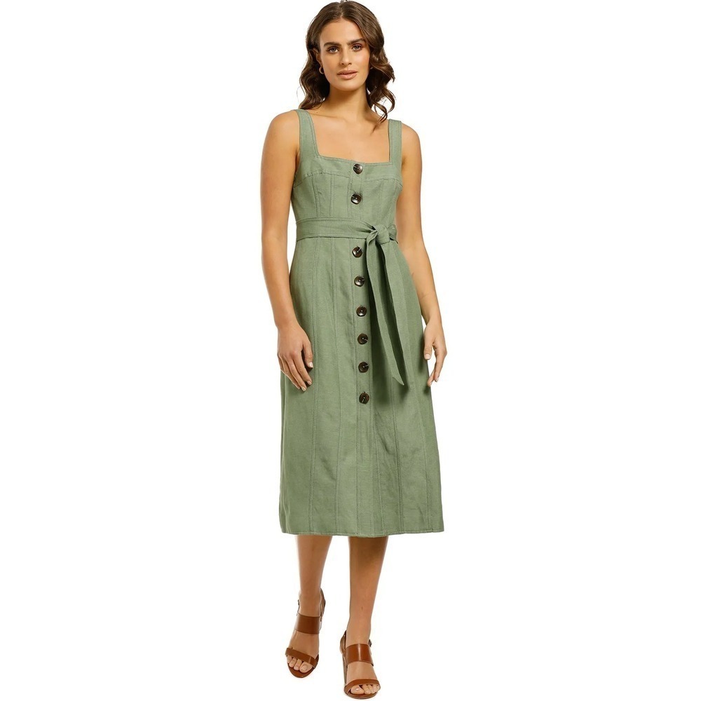 B16 C/MEO Collective Linen Blend Midi Dress Small Ivy Green Square Neck Belted